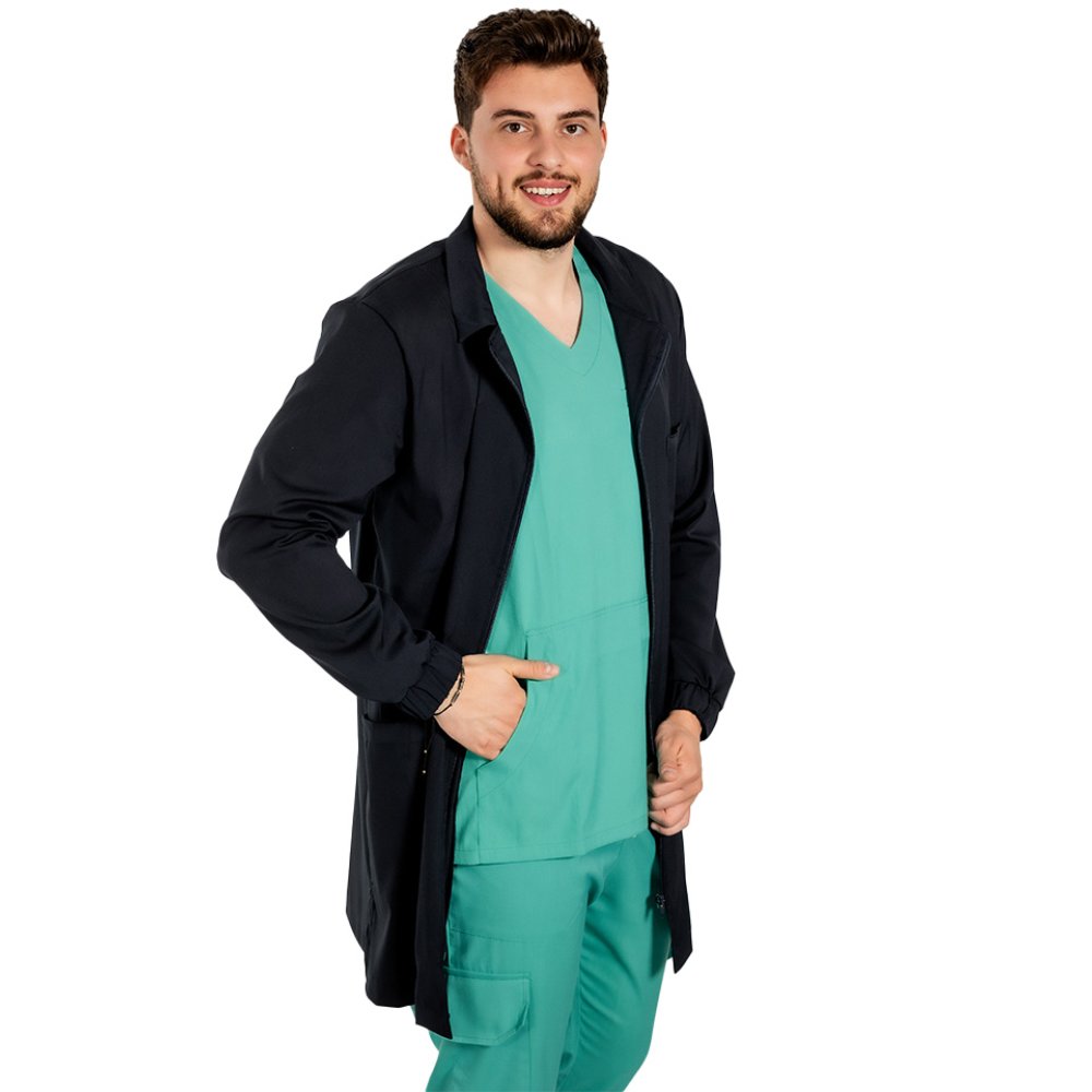 Tmavě modrý lékařský laboratorní plášť, pánský model, s límečkem, třemi kapsami a dlouhým rukávem