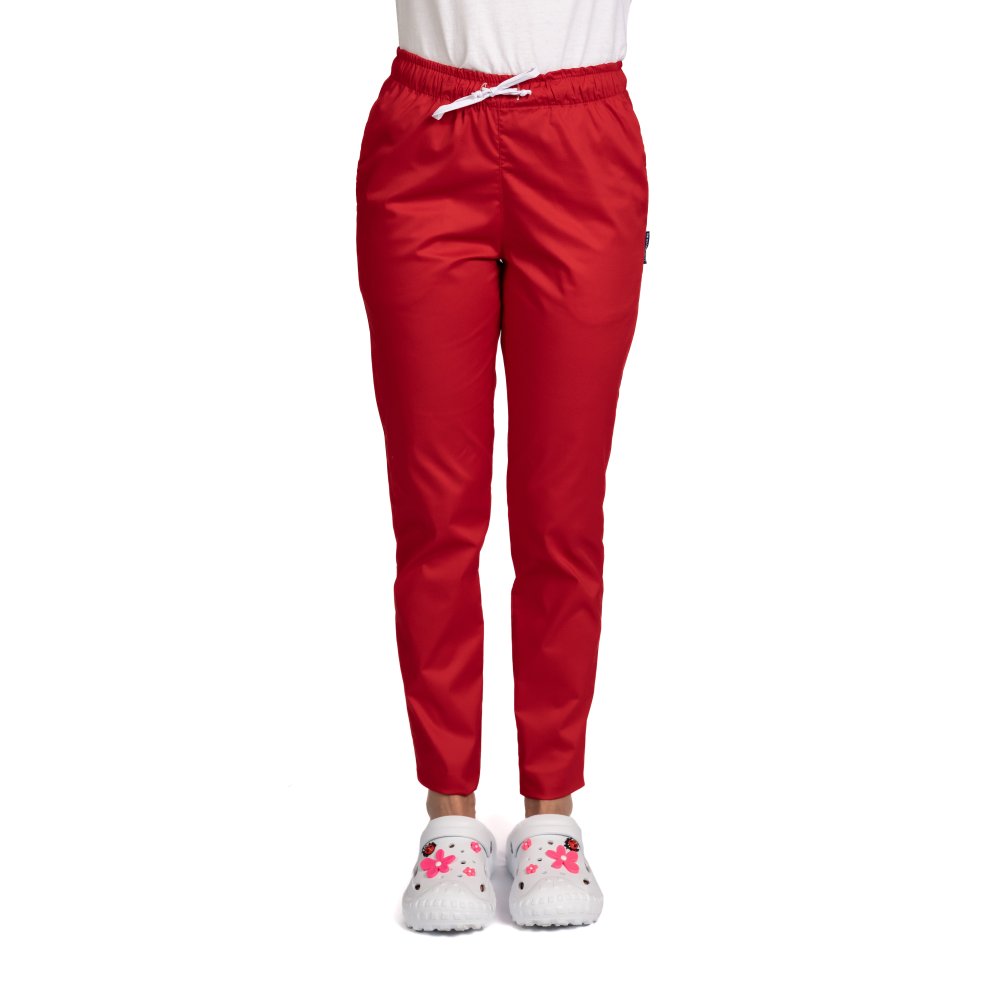 Červené zdravotní kalhoty s gumou a dvěma bočními kapsami