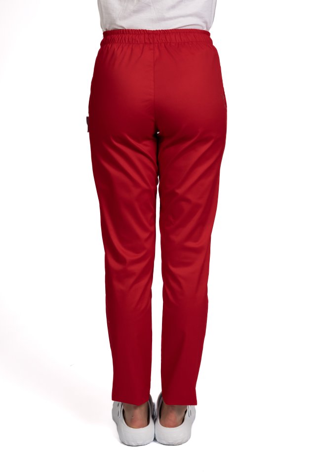 Červené zdravotní kalhoty s gumou a dvěma bočními kapsami