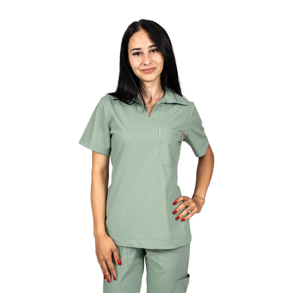 Olivově strečový polo oblek pro lékaře, s halenkou do V a tepláky, se stahovací šňůrkou a gumou