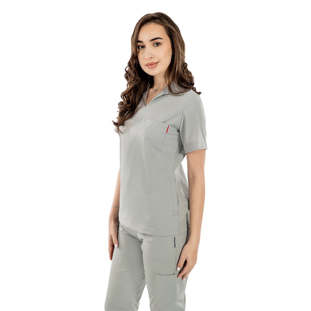 Šedý strečový polo oblek s halenkou do V a tepláky, se stahovací šňůrkou a gumou