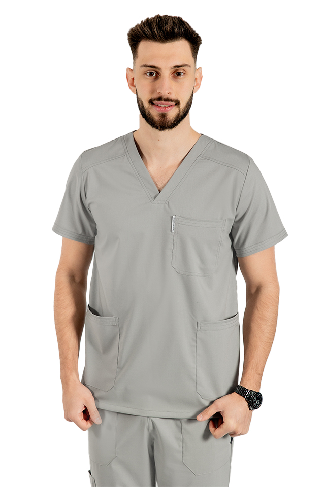 Pánský šedý strečový lékařský oblek s halenkou do V, stahovací šňůrkou a elastickými kalhotami