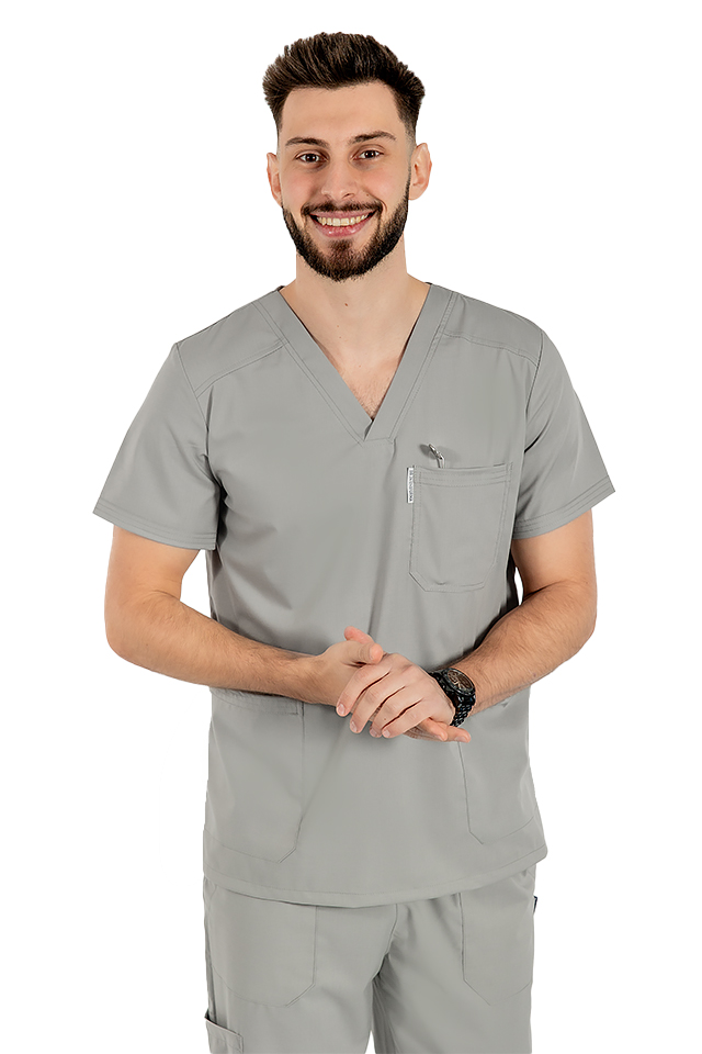 Pánský šedý strečový lékařský oblek s halenkou do V, stahovací šňůrkou a elastickými kalhotami