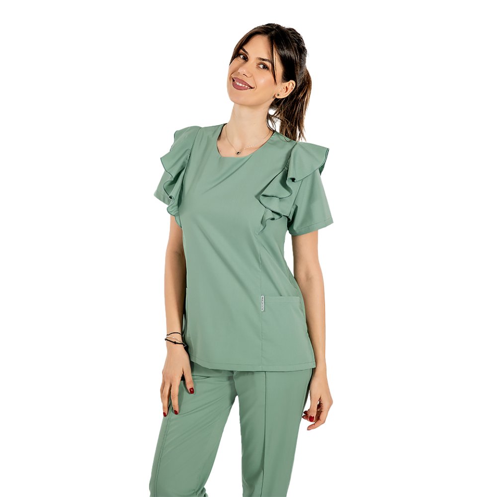 Strečový lékařský oblek Cristina, olivová barva, halenka s volánky a kalhoty se stahovací šňůrkou a gumou Strečový lékařský oblek Cristina, olivová barva, halenka s volánky a kalhoty se stahovací šňůrkou a gumou