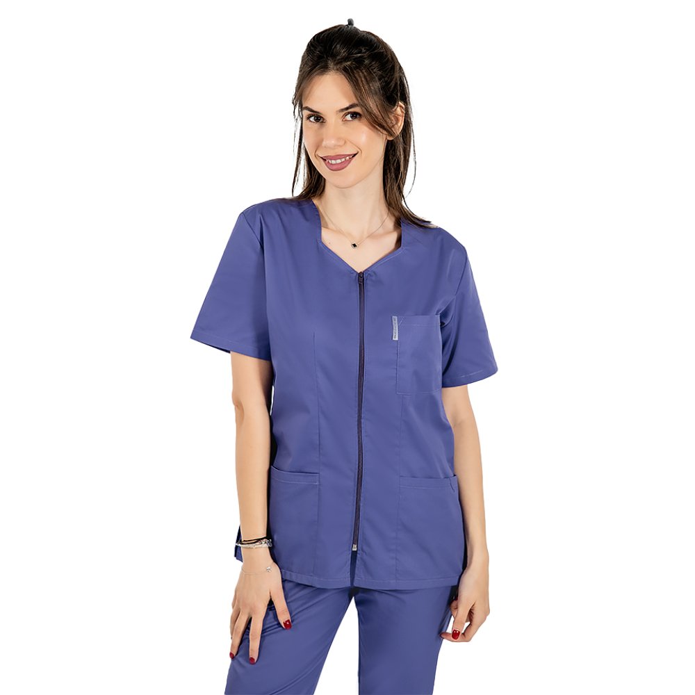 Dámská zdravotnická halenka na zip s krátkým rukávem - fialová