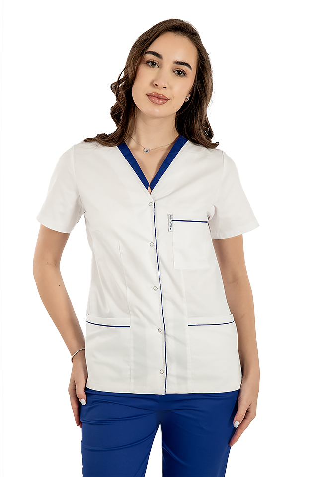 Dámská zdravotnická halenka s krátkým rukávem - bílá s modrým lemem Dámská zdravotnická halenka s krátkým rukávem - bílá s modrým lemem