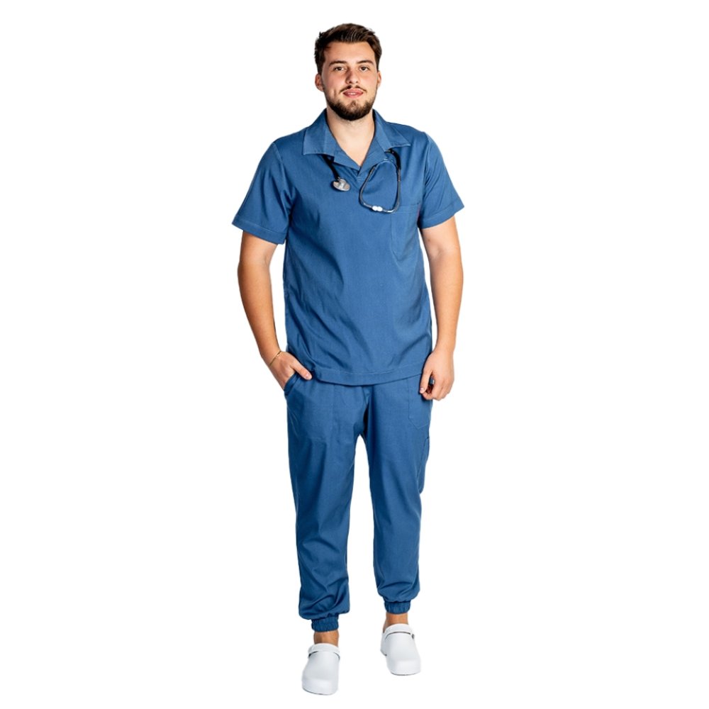 Pánský zdravotnický set, halena s límečkem a kalhoty - modrý Pánský zdravotnický set, halena s límečkem a kalhoty - modrý