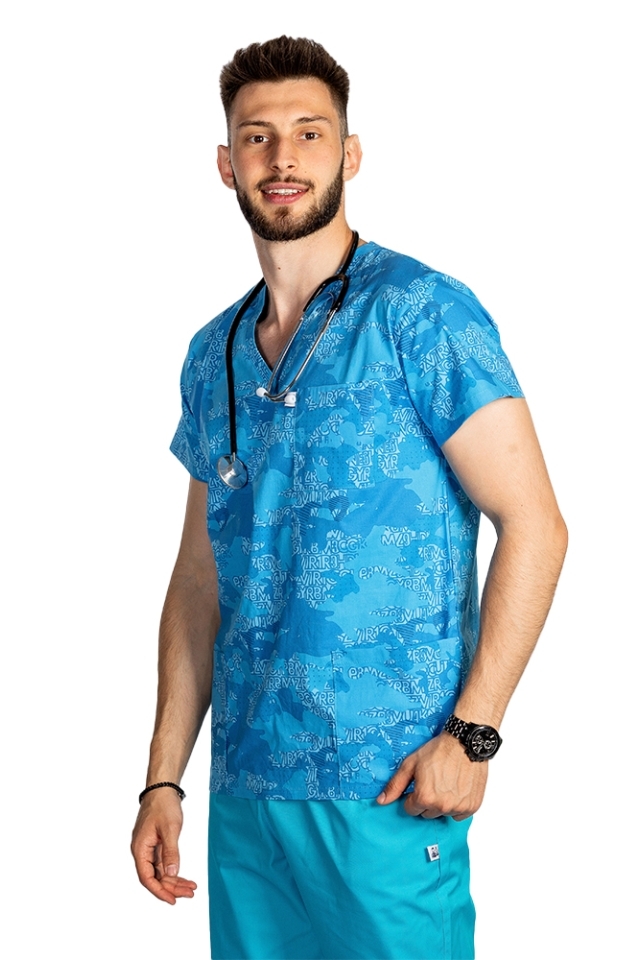 Pánská zdravotnická halena s krátkým rukávem - modrá s army potiskem..