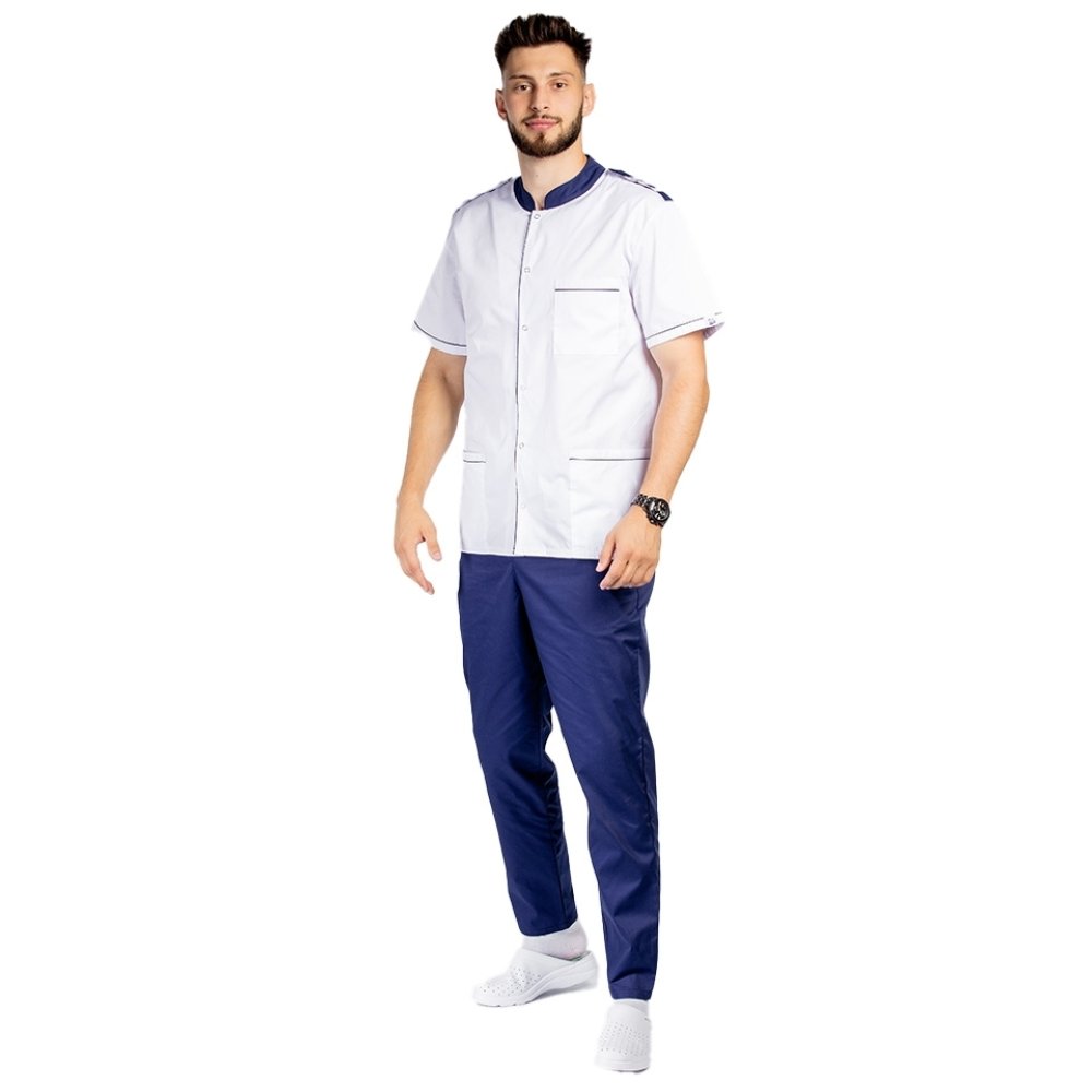 Unisex zdravotnický set, halena s límečkem a kalhoty - bílý/modrý