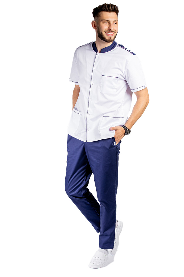 Unisex zdravotnický set, halena s límečkem a kalhoty - bílý/modrý