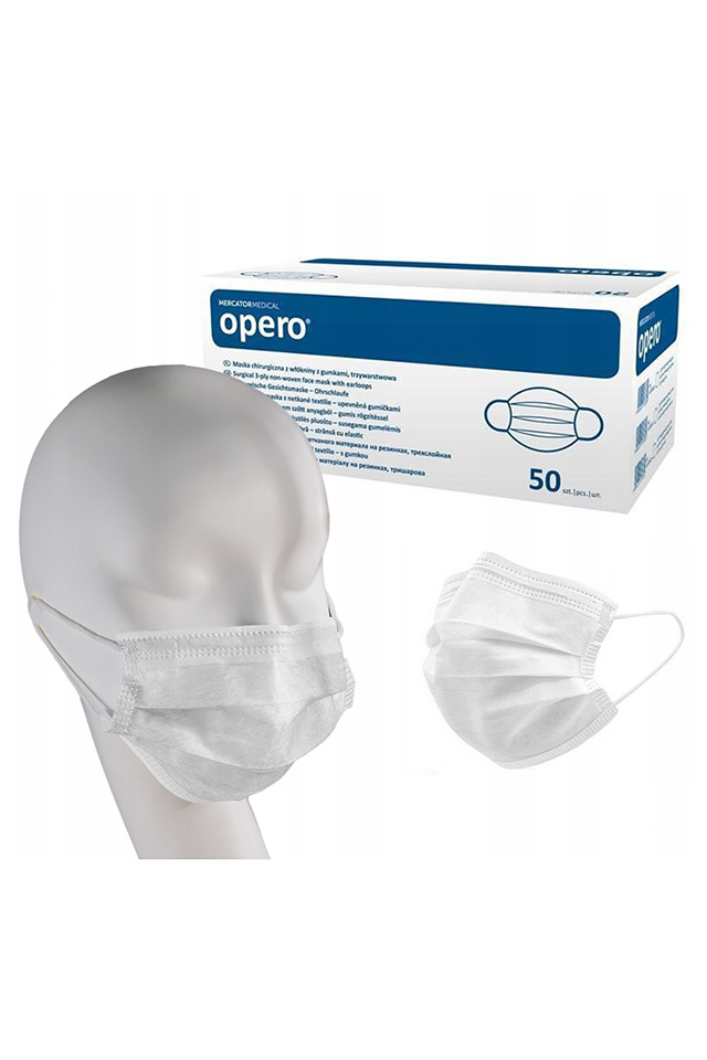 Lékařské chirurgické masky typu IIR, 3 vrstvy, s gumičkou, 50 kusů v krabičce, bílá barva