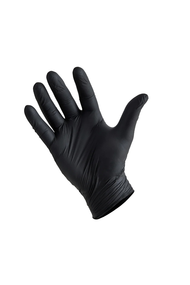 Sada 100 kusů černých nitrilexových rukavic pro ochranu a vyšetření lékařem v uniformě